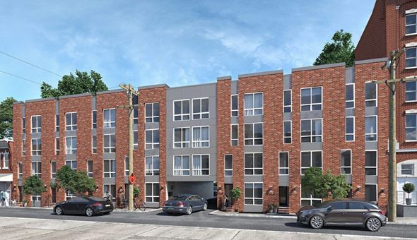Philadelphia apartment for rent - a rendering of an apartment building on a city street