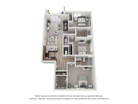 Floor plan for 3 beds, 2 baths, 1263 sqft