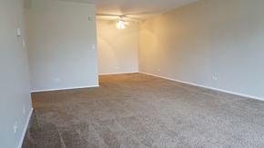 Willowbrook apartment for rent - an empty living room with carpet and a ceiling fan
