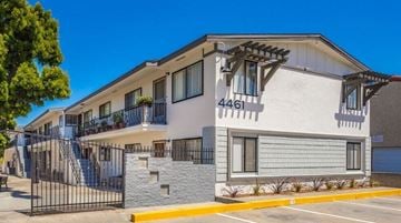 San Diego apartment for rent - an apartment building with a staircase and a garage door