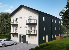 Winnipeg apartment for rent - a rendering of a black and white apartment building with a car parked