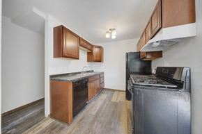 St Paul apartment for rent - a kitchen with stainless steel appliances and wooden cabinets