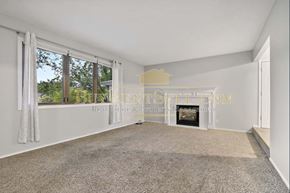Burnsville house for rent - A spacious living room with a fireplace and large windows.