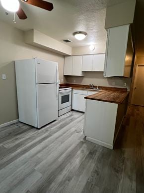 Kelso apartment for rent - A kitchen with a white fridge and wooden countertops.