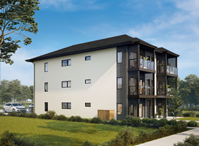 Winnipeg apartment for rent - a rendering of a three story apartment building with balconies and a sidewalk