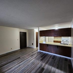 Longview apartment for rent - A room with a black door and a wooden counter.