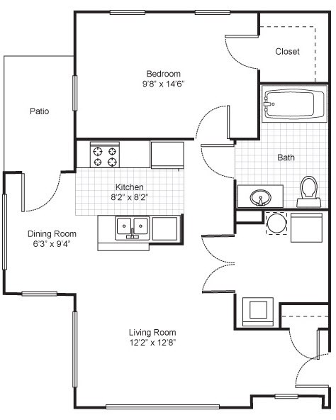 Floor plan for 1 bed, 1 bath, 692 sqft