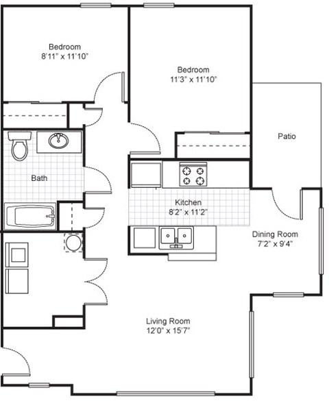 Floor plan for 2 beds, 1 bath, 911 sqft