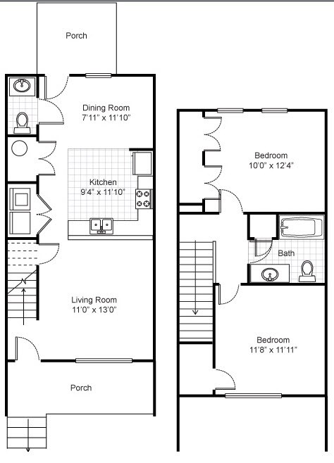Floor plan for 2 beds, 1.5 baths, 958 sqft