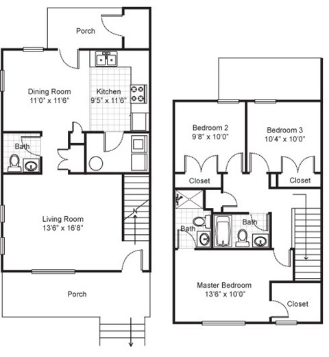 Floor plan for 3 beds, 2.5 baths, 1292 sqft