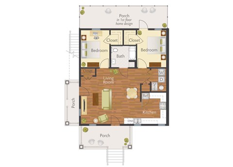 Floor plan for 2 beds, 1 bath, 980 sqft