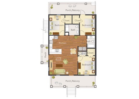 Floor plan for 3 beds, 2 baths, 1168 sqft
