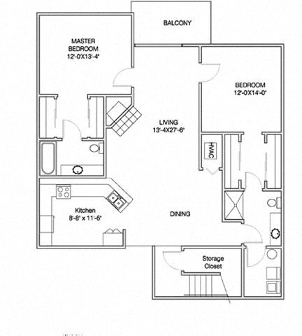 Floor plan for 2 beds, 2 baths, 1255 sqft