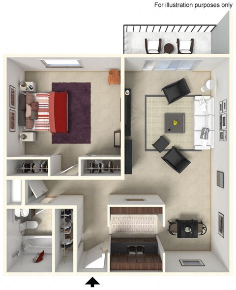 Floor plan for 1 bed, 1 bath, 685 sqft