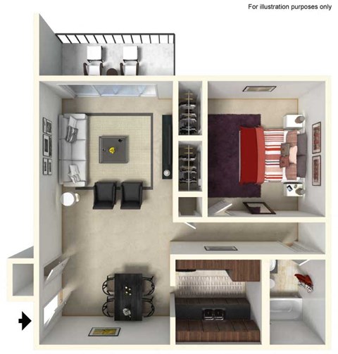 Floor plan for 1 bed, 1 bath, 670 sqft