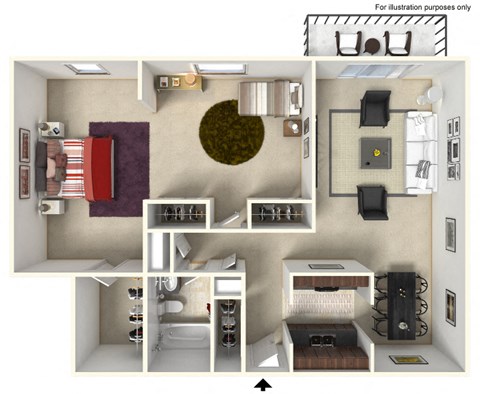 Floor plan for 1 bed, 1 bath, 945 sqft