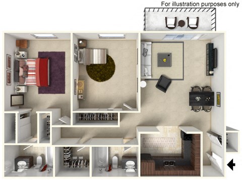 Floor plan for 2 beds, 2 baths, 950 sqft