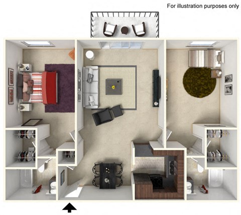 Floor plan for 2 beds, 2 baths, 1040 sqft