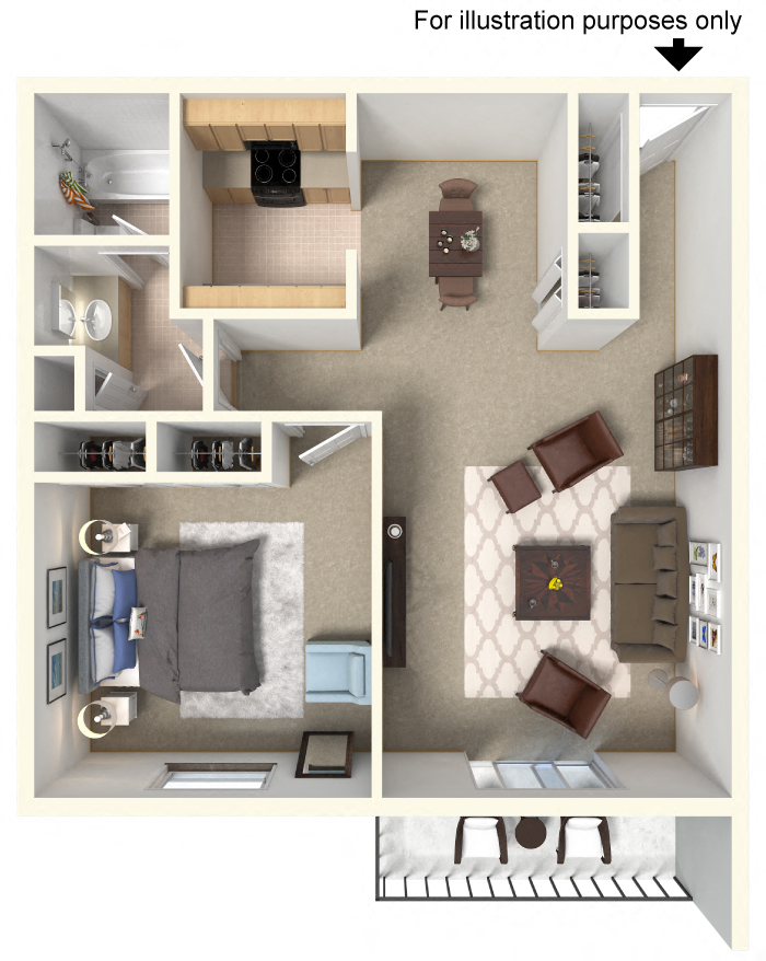 Floor plan for 1 bed, 1 bath, 840 sqft