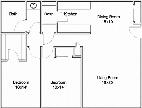 Floor plan for 2 beds, 1 bath, 999 sqft
