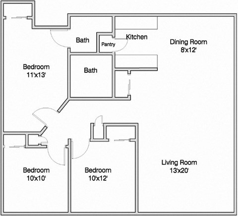 Floor plan for 3 beds, 2 baths, 1026 sqft