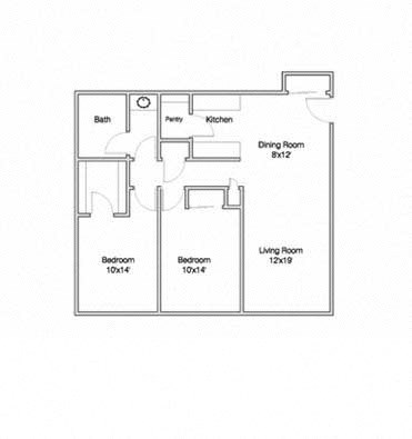 Floor plan for 2 beds, 1 bath, 891 sqft