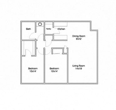Floor plan for 2 beds, 1 bath, 950 sqft