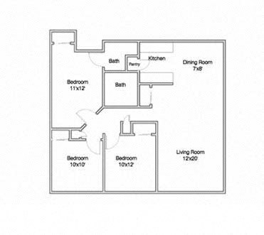 Floor plan for 3 beds, 2 baths, 918 sqft