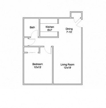 Floor plan for 1 bed, 1 bath, 621 sqft