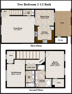 Smyrna apartment for rent - A diagram of a two bedroom 2 1/2 bath house plan.