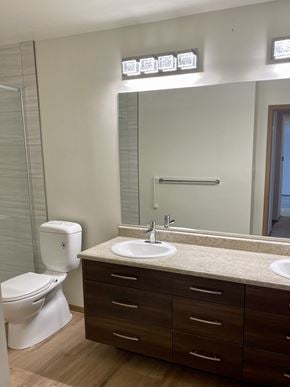 Edmonton apartment for rent - a bathroom with a mirror and a sink and a toilet