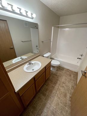 Fargo apartment for rent - a bathroom with a sink and a toilet and a shower