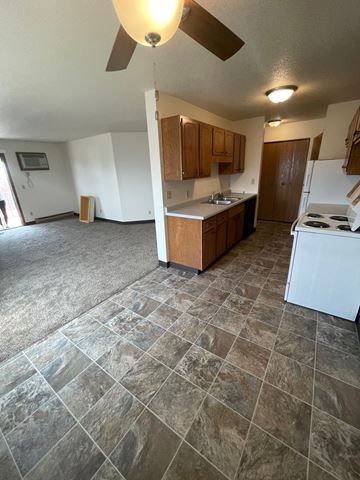 Fargo apartment for rent - an empty kitchen and living room with a ceiling fan