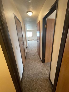 Fargo apartment for rent - a hallway with three doors and a carpeted flooring