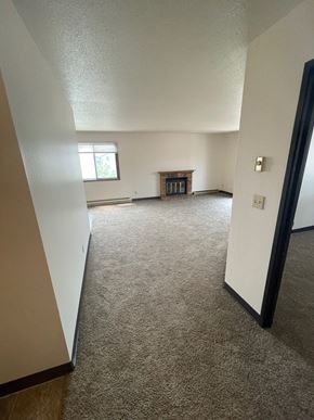 Fargo apartment for rent - an empty living room with a fireplace and a window