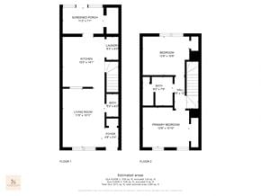 Jacksonville house for rent - A floor plan of a two-story house with a living room, two bedrooms, a bathroom, a laundry room, and a screened porch.