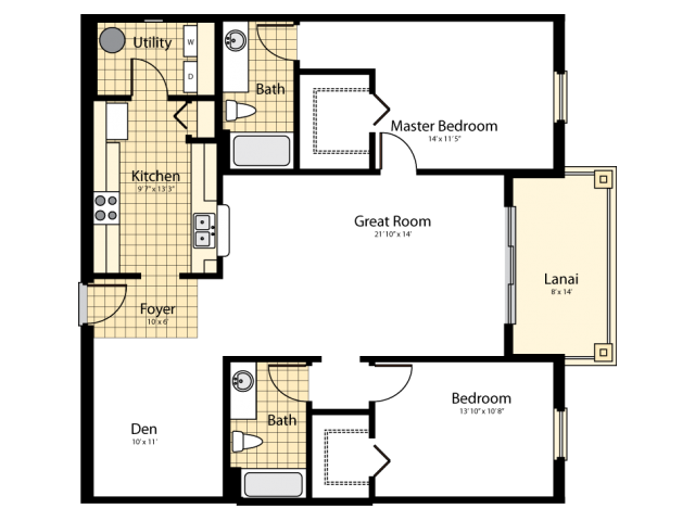 Floor plan for 2 beds, 2 baths, 1346 sqft
