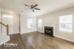 Goose Creek house for rent - a living room with a fireplace and a ceiling fan