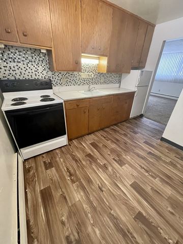 Fargo apartment for rent - a kitchen with wooden floors and a stove and a sink
