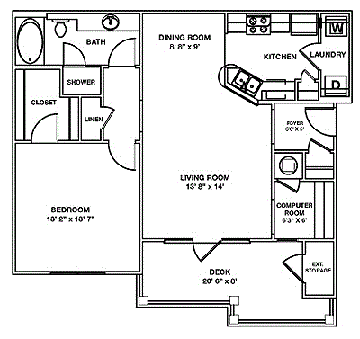 Floor plan for 1 bed, 1 bath, 906 sqft
