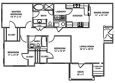 Floor plan for 3 beds, 2 baths, 1530 sqft