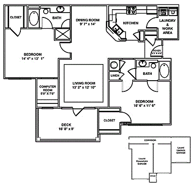 Floor plan for 2 beds, 2 baths, 1311 sqft