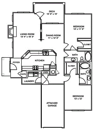 Floor plan for 2 beds, 2 baths, 1482 sqft