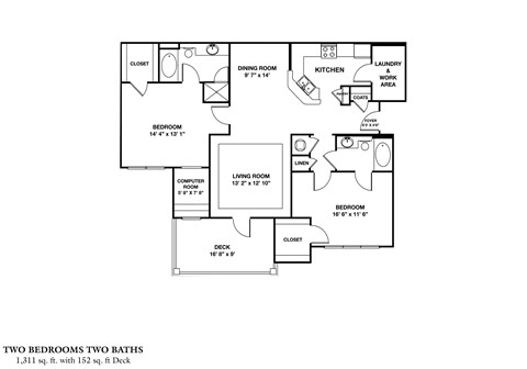 Floor plan for 2 beds, 2 baths, 1311 sqft