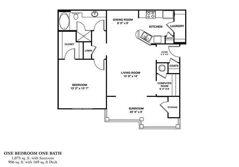 Floor plan for 1 bed, 1 bath, 1075 sqft