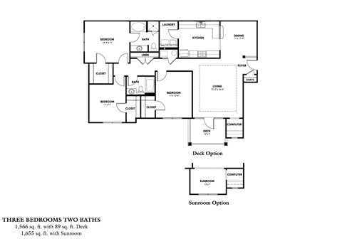 Floor plan for 3 beds, 2 baths, 1655 sqft