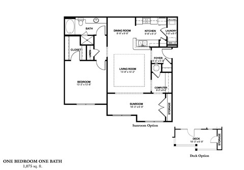 Floor plan for 1 bed, 1 bath, 1075 sqft