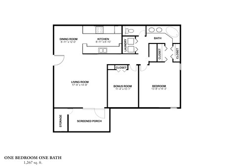 Floor plan for 1 bed, 1 bath, 1267 sqft
