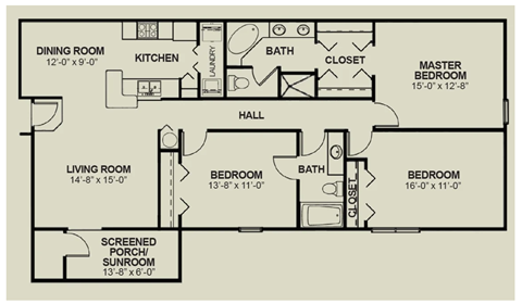 Floor plan for 3 beds, 2 baths, 1560 sqft