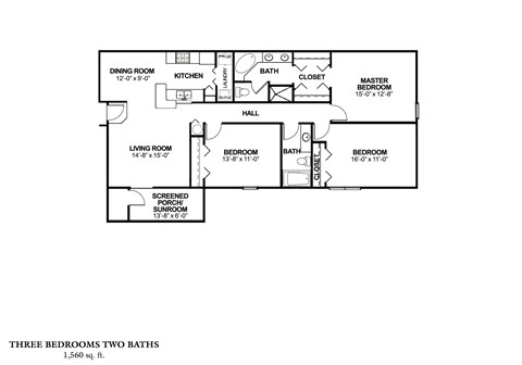 Floor plan for 3 beds, 2 baths, 1560 sqft
